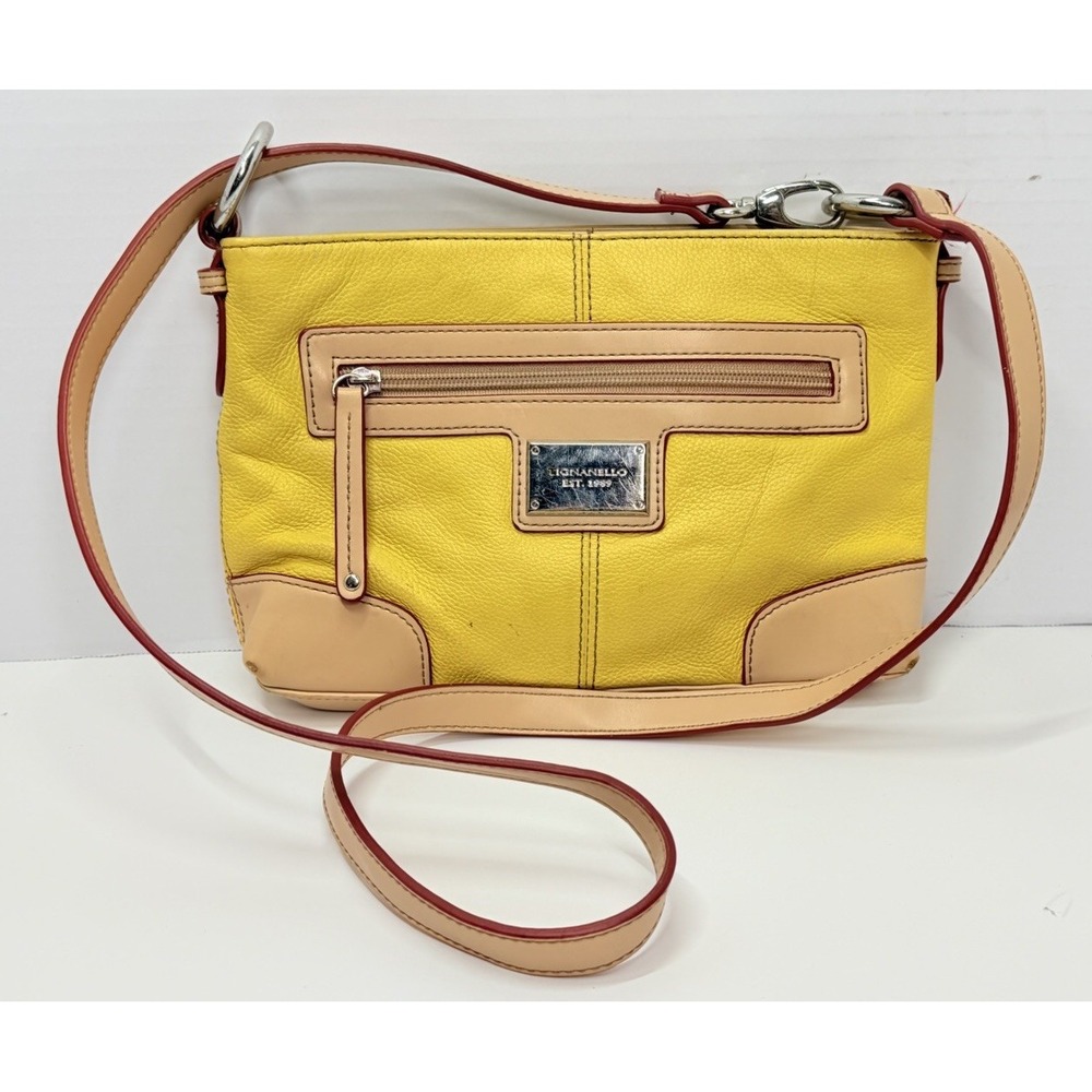 Tignanello Yellow Genuine Leather Crossbody Shoulder Bag Purse Tan Trim
